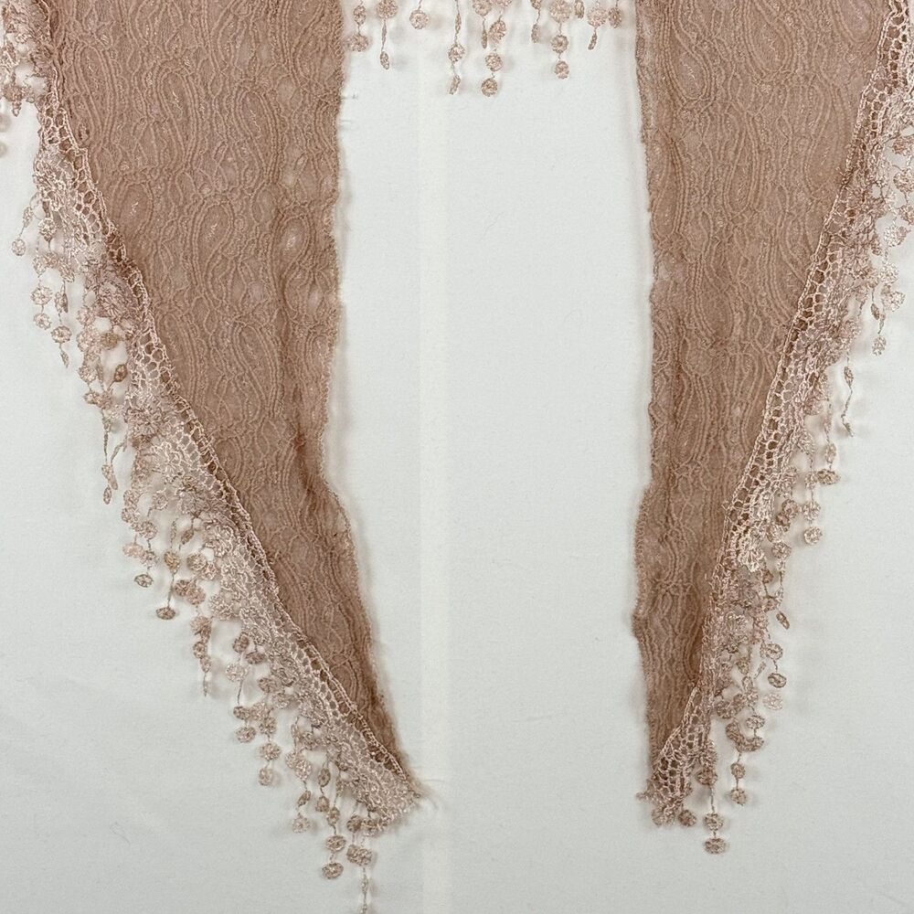 Women’s Pink Lace Triangle Shawl or Mantilla with Fringe Trim 64” X 18” - Picture 9 of 13